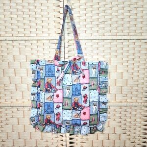 Handmade Quilted Ruffle Tote Bag Vintage Fabric Lined Pocket